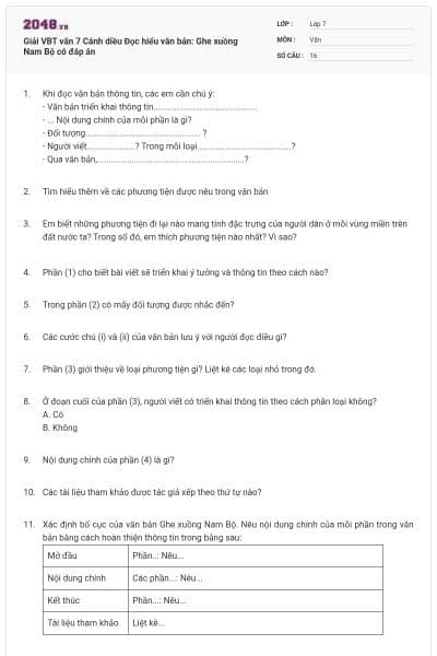 Giải VBT văn 7 Cánh diều Đọc hiểu văn bản: Ghe xuồng Nam Bộ có đáp án