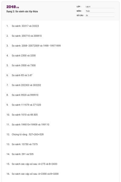 Dạng 2: So sánh các lũy thừa