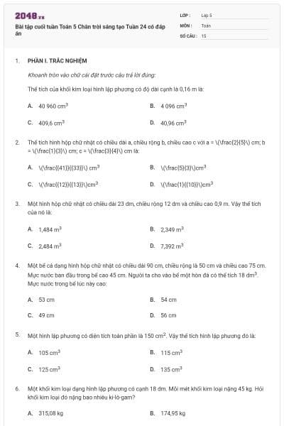 Bài tập cuối tuần Toán 5 Chân trời sáng tạo Tuần 24 có đáp án