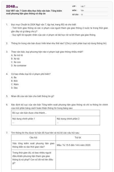 Giải VBT văn 7 Cánh diều Đọc hiểu văn bản: Tổng kiểm soát phương tiện giao thông có đáp án