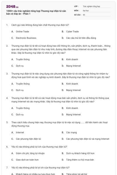 1000+ câu trắc nghiệm tổng hợp Thương mại điện tử căn bản có đáp án - Phần 1