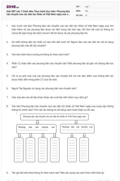 Giải VBT văn 7 Cánh diều Thực hành đọc hiểu: Phương tiện vận chuyển của các dân tộc thiểu số Việt Nam ngày xưa có đáp án