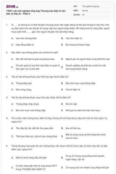 1000+ câu trắc nghiệm tổng hợp Thương mại điện tử căn bản có đáp án - Phần 3