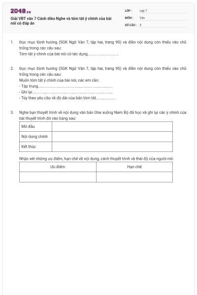 Giải VBT văn 7 Cánh diều Nghe và tóm tắt ý chính của bài nói có đáp án