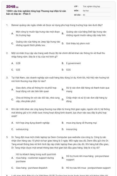 1000+ câu trắc nghiệm tổng hợp Thương mại điện tử căn bản có đáp án - Phần 5
