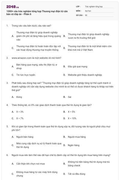 1000+ câu trắc nghiệm tổng hợp Thương mại điện tử căn bản có đáp án - Phần 6