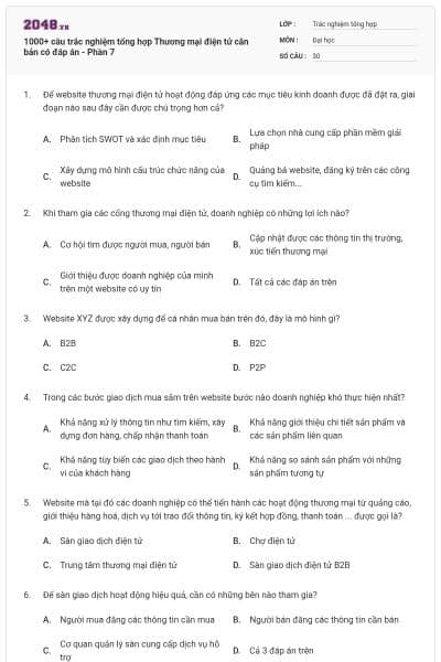 1000+ câu trắc nghiệm tổng hợp Thương mại điện tử căn bản có đáp án - Phần 7