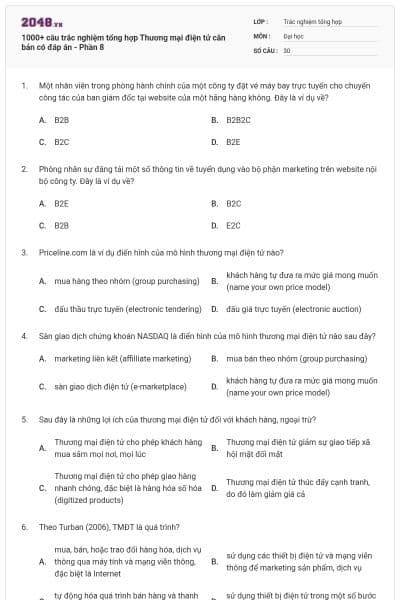 1000+ câu trắc nghiệm tổng hợp Thương mại điện tử căn bản có đáp án - Phần 8
