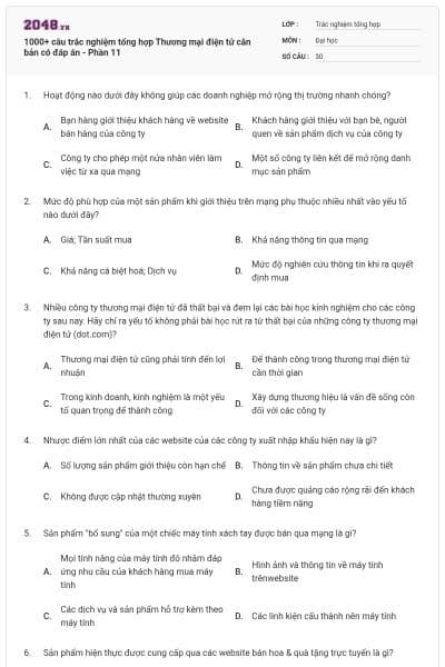 1000+ câu trắc nghiệm tổng hợp Thương mại điện tử căn bản có đáp án - Phần 11