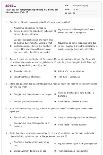 1000+ câu trắc nghiệm tổng hợp Thương mại điện tử căn bản có đáp án - Phần 12