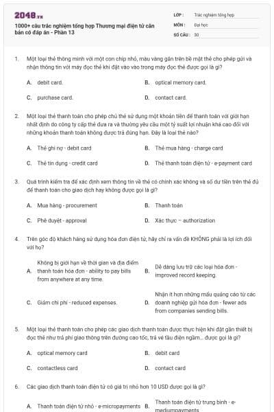 1000+ câu trắc nghiệm tổng hợp Thương mại điện tử căn bản có đáp án - Phần 13