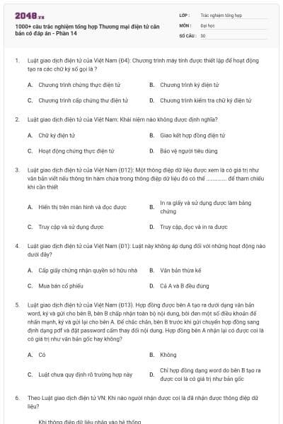 1000+ câu trắc nghiệm tổng hợp Thương mại điện tử căn bản có đáp án - Phần 14