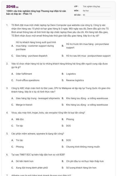 1000+ câu trắc nghiệm tổng hợp Thương mại điện tử căn bản có đáp án - Phần 15