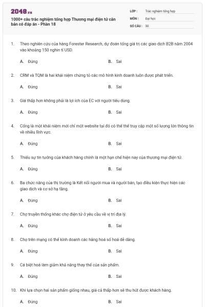 1000+ câu trắc nghiệm tổng hợp Thương mại điện tử căn bản có đáp án - Phần 18