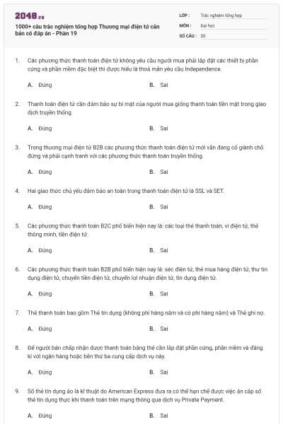 1000+ câu trắc nghiệm tổng hợp Thương mại điện tử căn bản có đáp án - Phần 19