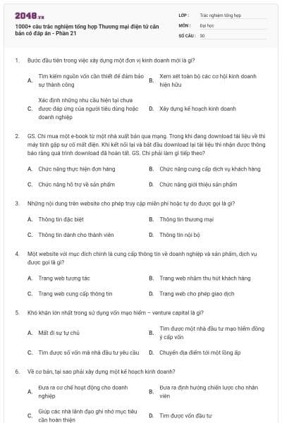1000+ câu trắc nghiệm tổng hợp Thương mại điện tử căn bản có đáp án - Phần 21