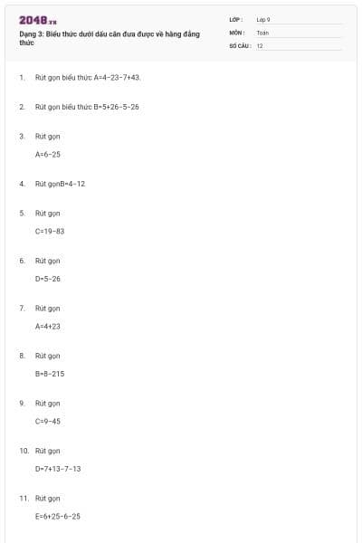 Dạng 3: Biểu thức dưới dấu căn đưa được về hằng đẳng thức