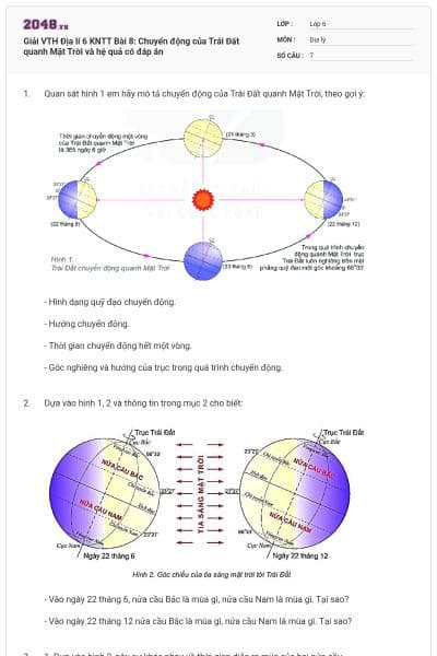 Giải VTH Địa lí 6 KNTT Bài 8: Chuyển động của Trái Đất quanh Mặt Trời và hệ quả có đáp án
