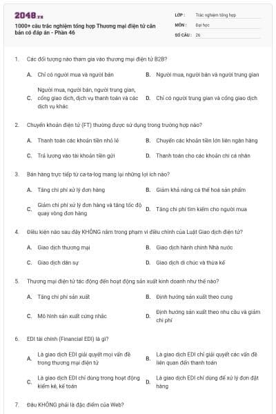 1000+ câu trắc nghiệm tổng hợp Thương mại điện tử căn bản có đáp án - Phần 46