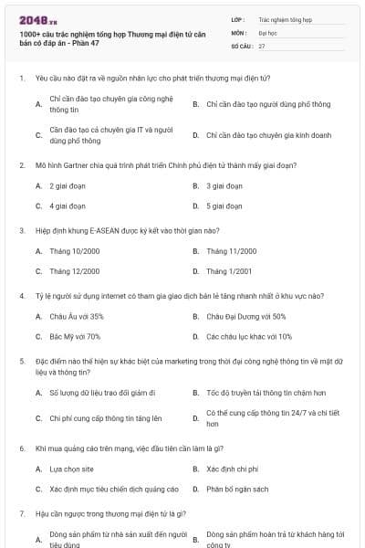 1000+ câu trắc nghiệm tổng hợp Thương mại điện tử căn bản có đáp án - Phần 47