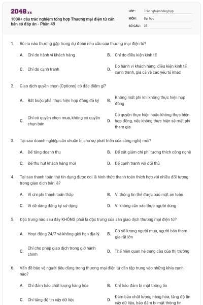 1000+ câu trắc nghiệm tổng hợp Thương mại điện tử căn bản có đáp án - Phần 49