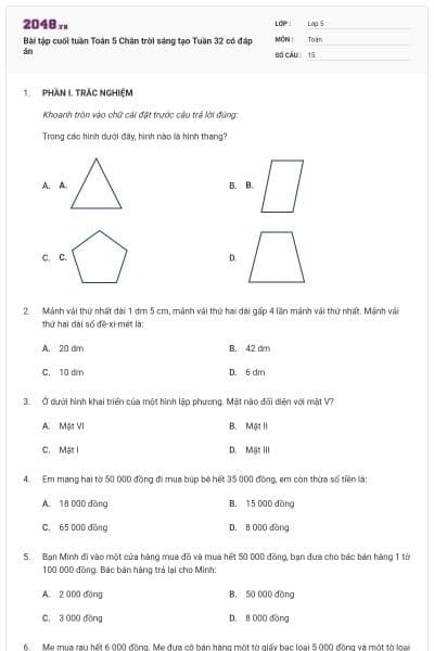 Bài tập cuối tuần Toán 5 Chân trời sáng tạo Tuần 32 có đáp án