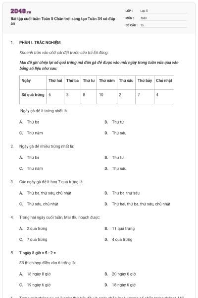 Bài tập cuối tuần Toán 5 Chân trời sáng tạo Tuần 34 có đáp án