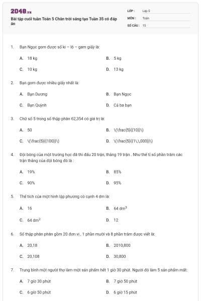 Bài tập cuối tuần Toán 5 Chân trời sáng tạo Tuần 35 có đáp án