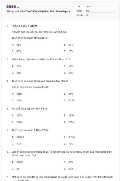 Bài tập cuối tuần Toán 5 Kết nối tri thức Tuần 20 có đáp án