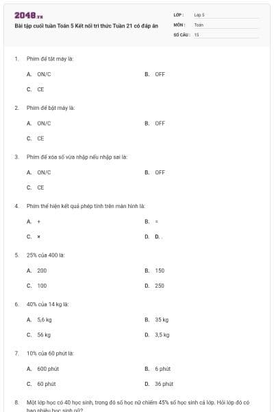 Bài tập cuối tuần Toán 5 Kết nối tri thức Tuần 21 có đáp án
