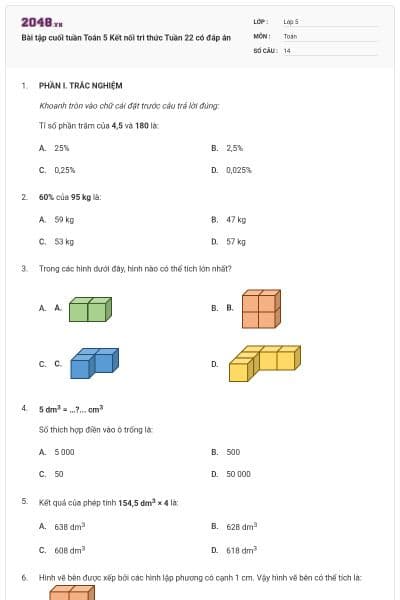 Bài tập cuối tuần Toán 5 Kết nối tri thức Tuần 22 có đáp án