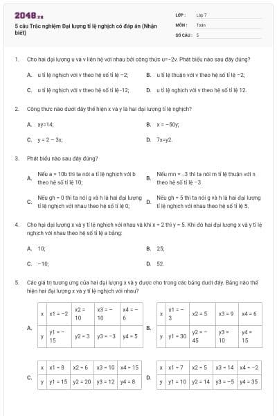 5 câu Trắc nghiệm Đại lượng tỉ lệ nghịch có đáp án (Nhận biết)