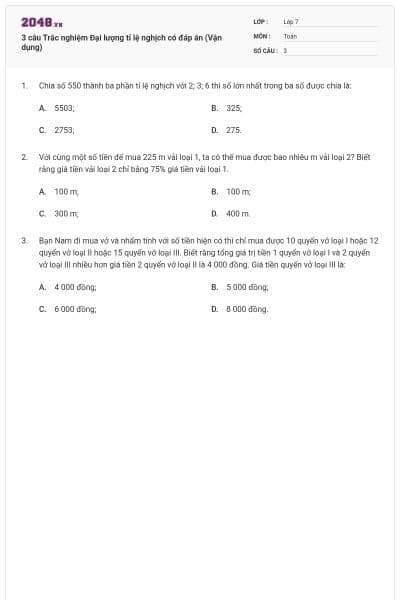 3 câu Trắc nghiệm Đại lượng tỉ lệ nghịch có đáp án (Vận dụng)