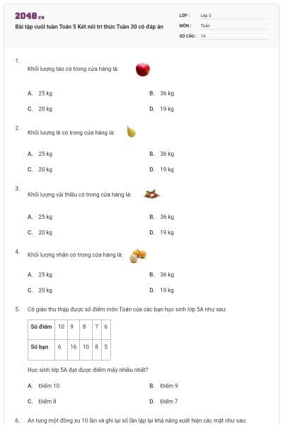 Bài tập cuối tuần Toán 5 Kết nối tri thức Tuần 30 có đáp án