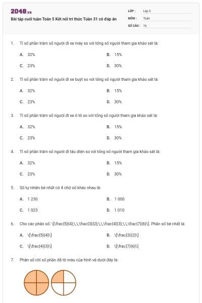 Bài tập cuối tuần Toán 5 Kết nối tri thức Tuần 31 có đáp án