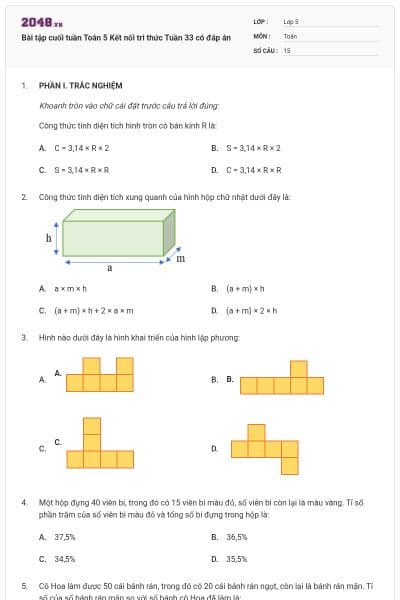 Bài tập cuối tuần Toán 5 Kết nối tri thức Tuần 33 có đáp án