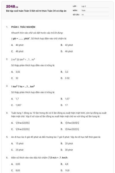 Bài tập cuối tuần Toán 5 Kết nối tri thức Tuần 34 có đáp án