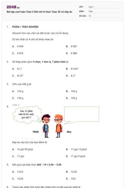 Bài tập cuối tuần Toán 5 Kết nối tri thức Tuần 35 có đáp án