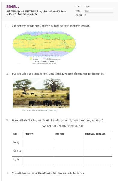 Giải VTH Địa lí 6 KNTT Bài 25: Sự phân bố các đới thiên nhiên trên Trái Đất có đáp án