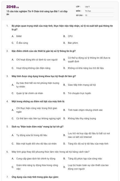 15 câu trắc nghiệm Tin 9 Chân trời sáng tạo Bài 1 có đáp án