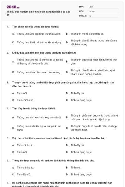 15 câu trắc nghiệm Tin 9 Chân trời sáng tạo Bài 2 có đáp án
