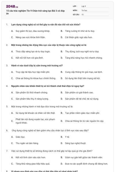 15 câu trắc nghiệm Tin 9 Chân trời sáng tạo Bài 3 có đáp án