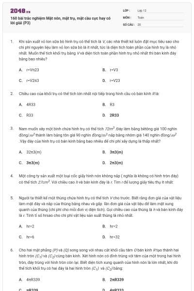 160 bài trắc nghiệm Mặt nón, mặt trụ, mặt cầu cực hay có lời giải (P3)