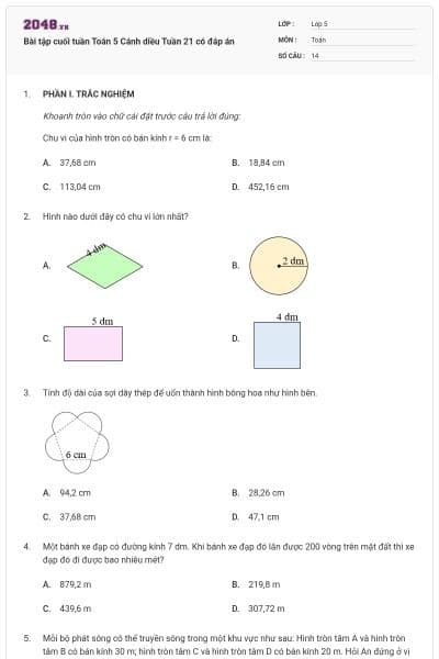 Bài tập cuối tuần Toán 5 Cánh diều Tuần 21 có đáp án
