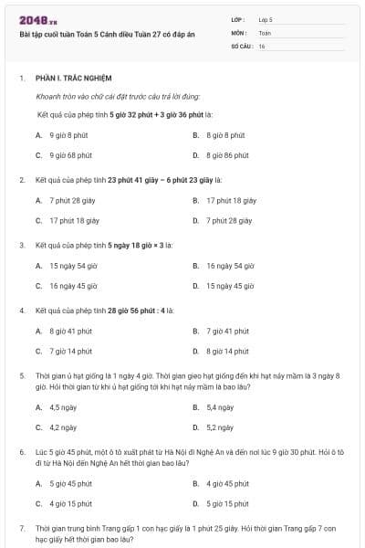 Bài tập cuối tuần Toán 5 Cánh diều Tuần 27 có đáp án