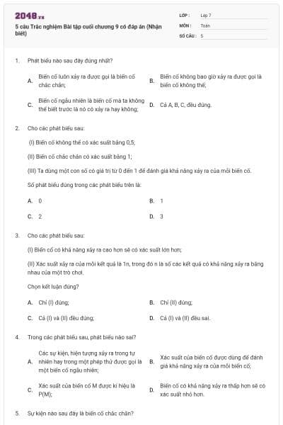 5 câu Trắc nghiệm Bài tập cuối chương 9 có đáp án (Nhận biết)