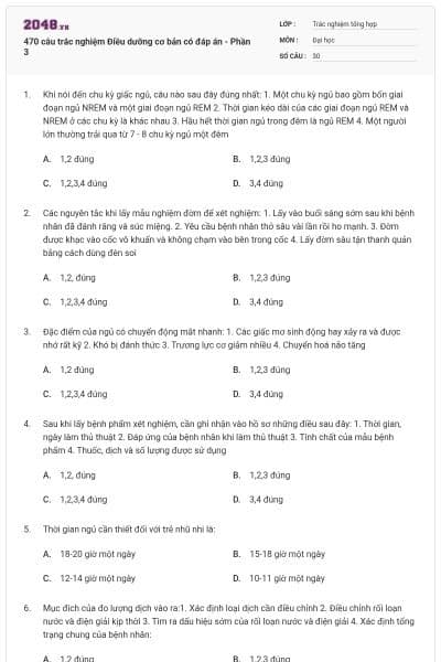 470 câu trắc nghiệm Điều dưỡng cơ bản có đáp án - Phần 3