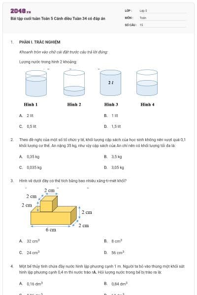 Bài tập cuối tuần Toán 5 Cánh diều Tuần 34 có đáp án