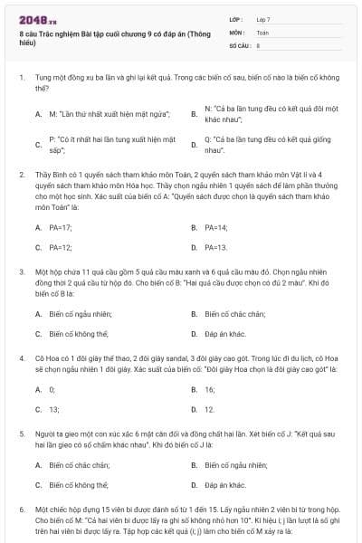 8 câu Trắc nghiệm Bài tập cuối chương 9 có đáp án (Thông hiểu)