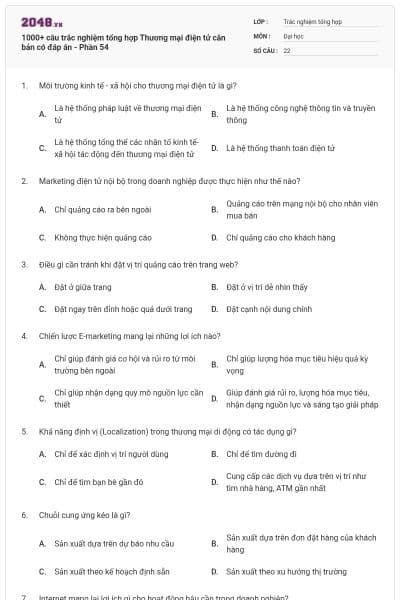 1000+ câu trắc nghiệm tổng hợp Thương mại điện tử căn bản có đáp án - Phần 54